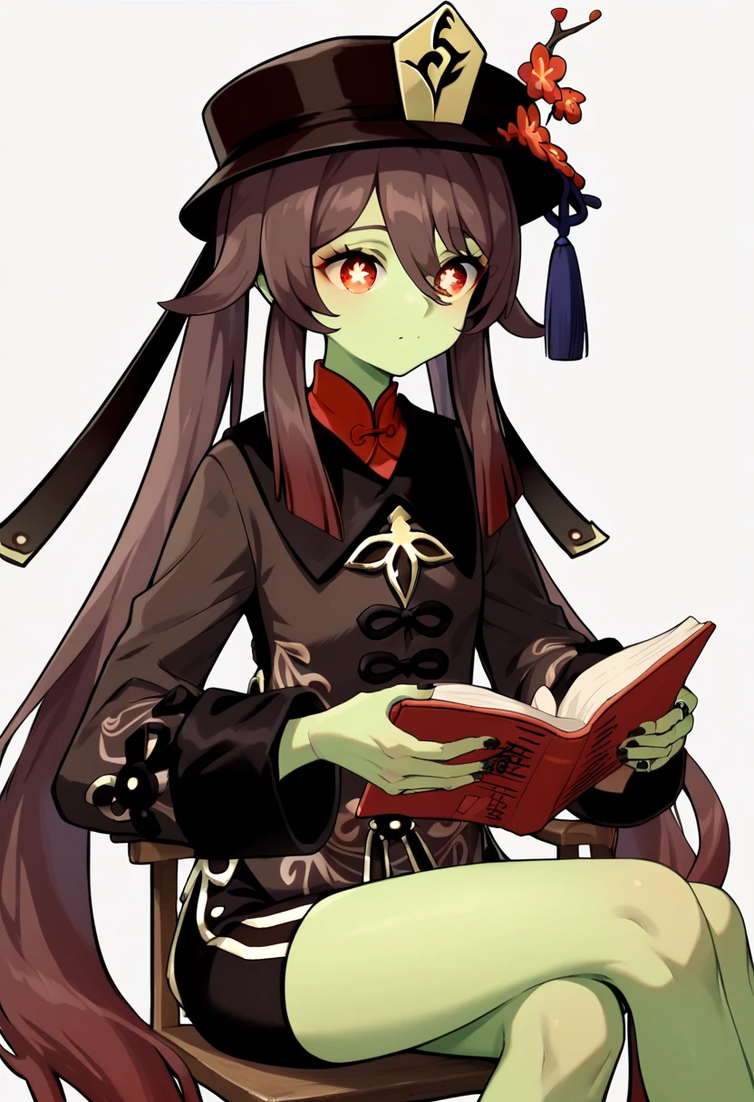 HD， best quality，HuTao, long hair, bangs, brown hair, red eyes, hair between eyes, twintails, sidelocks, symbol-shaped pupils,Skin of color，Green Skin，Green Skin，Green Skin，whole body，Green Skin，Green Skin， black hat ，Green Skin， black clothes ，Green Skin， sitting in a chair ，Reading