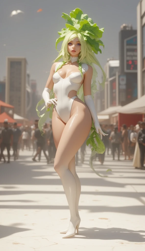 Super realistic illustration, Detailed Fantasy art, Cinema 4D rendering, full body, 1 female slender cosplayer is cosplaying as a cute daikon girl in comic market 105, shiny skin, white latex high cut leotard without navel, white evening gloves, white pantyhose, white high heel short boots, very long green daikon leaves hair, Purple Eyes, Half Closed eyes, bewitching smile, glossy lips, grumpy expression, big breasts, cleavage, Black lips, Heavy makeup, Beautiful legs, Shooting standing pose with seductive gestures