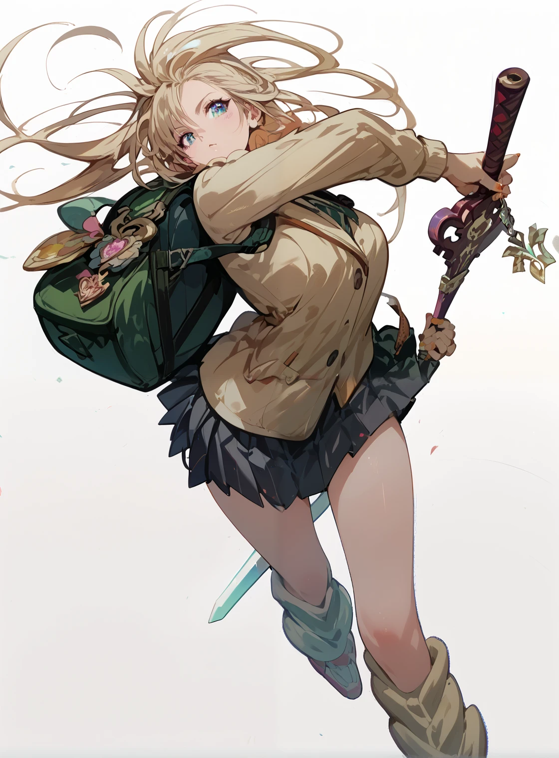  anime girl holding a sword and backpack,    female action anime girl ,  digital art , high school girl concept art, Art Style ,  detailed anime character art , Key Art Feminine 