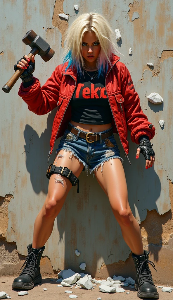  painting of a woman with a hammer breaking a wall pieces of wall jump out of the wall because of the blow , She's wearing a red jacket ,  ripped denim shorts with brown leather belt and buckle ,  resting on a peeling and unpainted wall ,  bleached blonde hair with blue and pink , black top with letters in red ,  mechanical gloves cyberpunk art by Lambert Doomer  ,  trend in artstation , street art, grunge ciberpunk, cyberpunk art style,  cyberpunk angry gorgeous goddess , cyberpunk girl, Cyberpunk 20 years. o model girl,  cyberpunk style ，  hyperrealistic, Cyberpunk themed art,  James Gurney painting style  , Cyberpunk streetwear