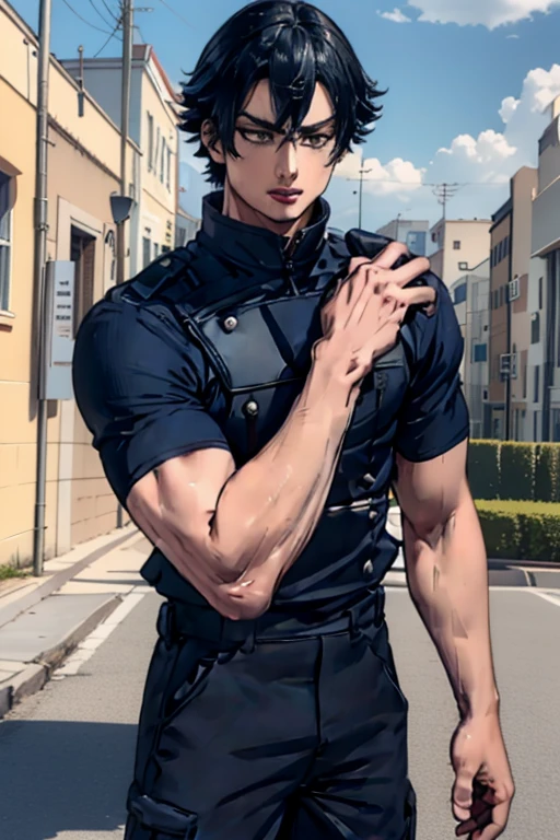 (High-definition CG), (  best quality ), (High-definition CG), (  best quality ), (Mizugami Masahide ), (Overall view)   Cool and Handsome Face  ,SWAT Clothing,  Beauty, 18 years old,   Toned and Muscular ,   with a cool and handsome face  ,  sharp eye