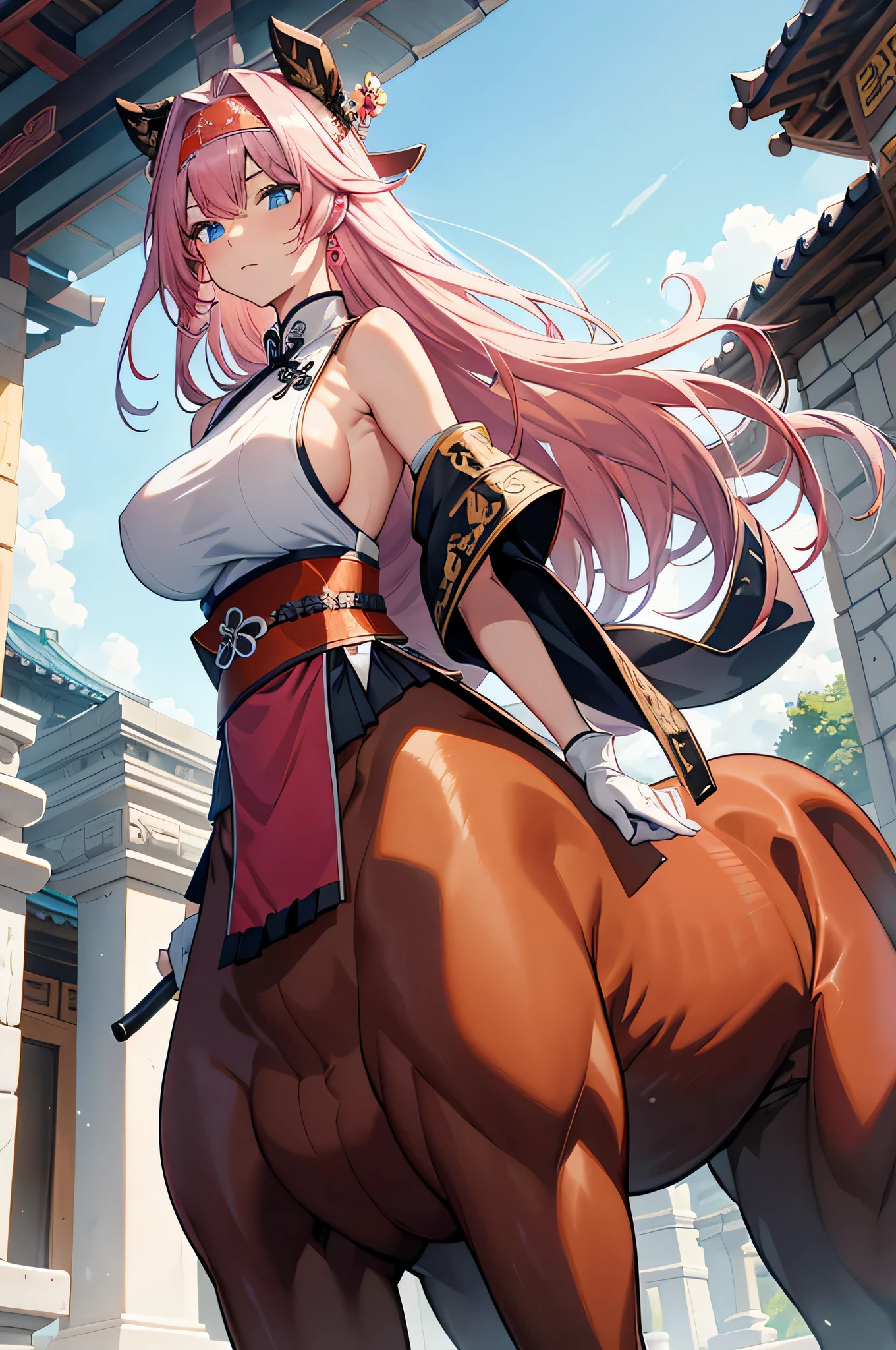 1 girl, game CG, white clothes, cleavage visible, shoulders visible, short white skirt, white beret, jewel pendant, black panties with strings, black shoes, gigantic breasts, pink hair, long hair, hair up, princess hairstyle, ahoge, pink eyes, smile, open mouth, horseback riding, horse, ranch,