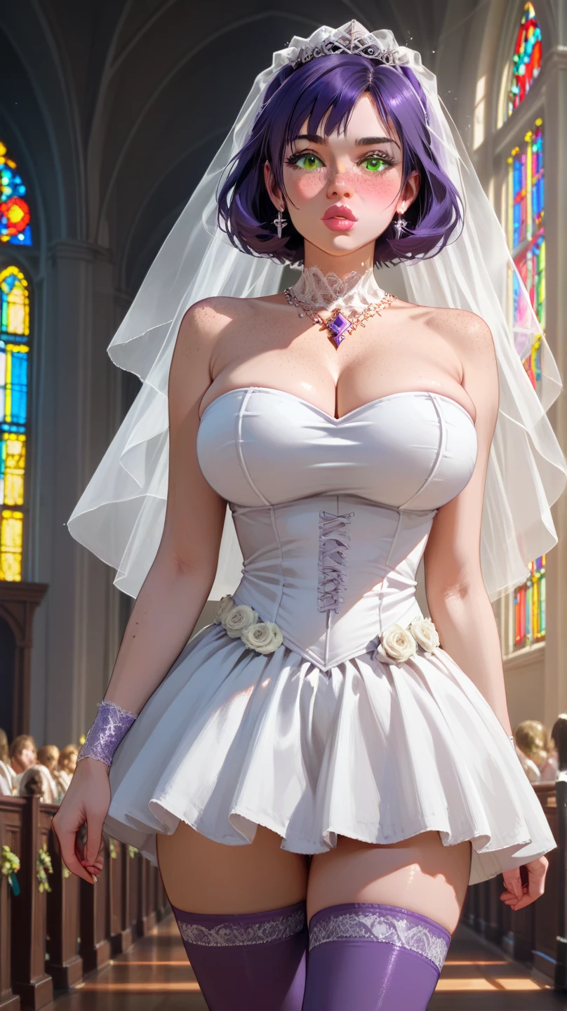 16k, RAW photos, top quality, masterpiece:1.5), (realistic, photorealistic:1.37), (ultra detailed face:1.5), (high detail skin:1.5), 8k UHD, (full body:1.1), (masterpiece, highres, high resolution:1.2), anime  girl bride, portrait, shoulders up, illustration. drawn, violet hair woman, green eyes, blushing, solo, seductive, freckles, big lips, huge breasts, violet thigh highs studded with diamonds,  perfect body, wearing a ultra sexual bridal tube top, super short bridal mini skirt, walking in bridal march towards the viewer, in a beautiful church 