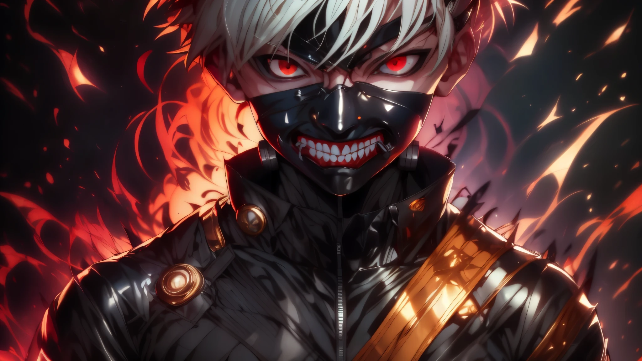 "cool 20 year old kaneki ken is a true masterpiece with masculine beauty, perfect anatomy. Olpntng style, colorful rainbow, wearing a black leather jacket, mask revealing a very menacing smile , clean design, epic Instagram, artstation, full of paint splashes, circles, outlines When you look at his beautiful Eyes you will clearly see every little detail and perfect line, every detail The details on the skin are beautiful in 8K quality. Be fascinated by the confidence radiating from every look. His head has white hair and his face is drawn meticulously in every detail in 8K image quality."