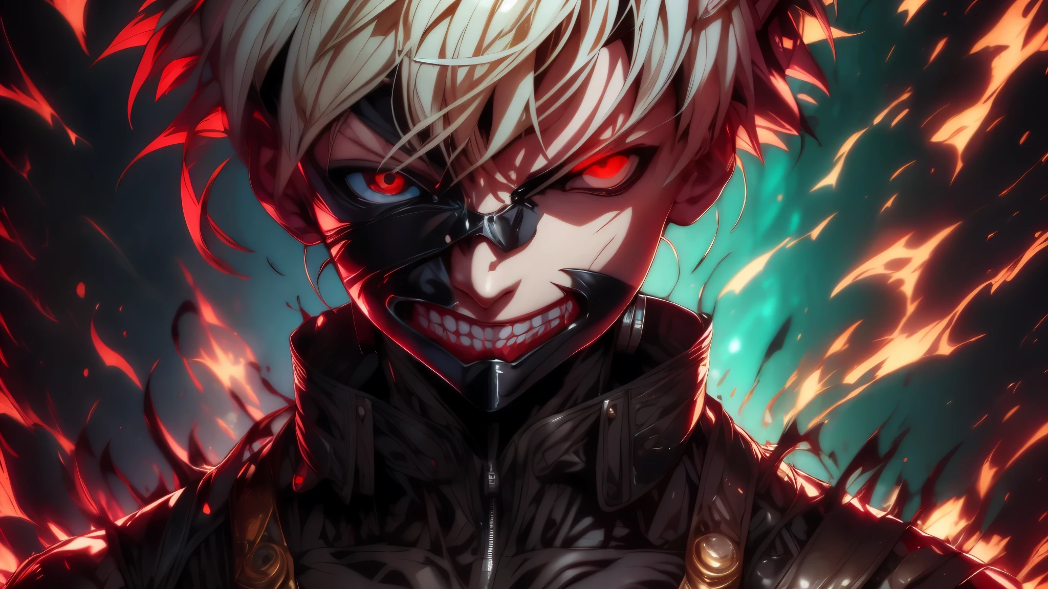 "cool 20 year old kaneki ken is a true masterpiece with masculine beauty, perfect anatomy. Olpntng style, colorful rainbow, wearing a black leather jacket, mask revealing a very menacing smile , clean design, epic Instagram, artstation, full of paint splashes, circles, outlines When you look at his beautiful Eyes you will clearly see every little detail and perfect line, every detail The details on the skin are beautiful in 8K quality. Be fascinated by the confidence radiating from every look. His head has white hair and his face is drawn meticulously in every detail in 8K image quality."