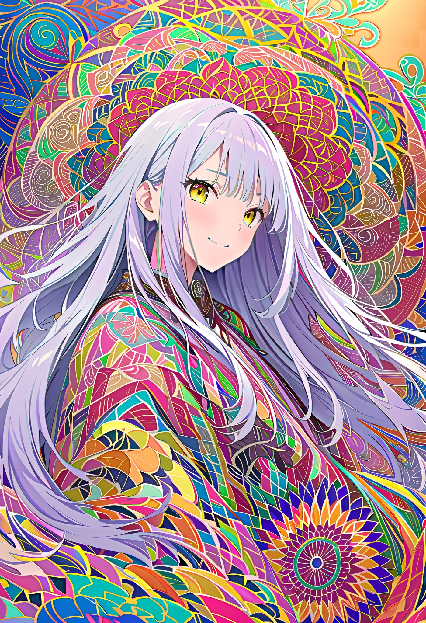 long hair, gray hair, masterpiece, top quality, very beautiful, Absurd, with bangs, glasses, yellow eyes,Yellow Eyes, Glasses、 Official Art,  wallpaper,  very detailed, ((( very detailedな目と顔))), masterpiece,   best quality , (ZenTangle, Mandala, Tangle, EnTangle), Complicated clothes,  very detailed,  dynamic angle,  Most Beautiful Chaotic Shape ,  elegant ,  vibrant colors,   Romantic Chinese Flowers, , Smiles overflow in a colorful landscape,  full body shot,  pastel colors 