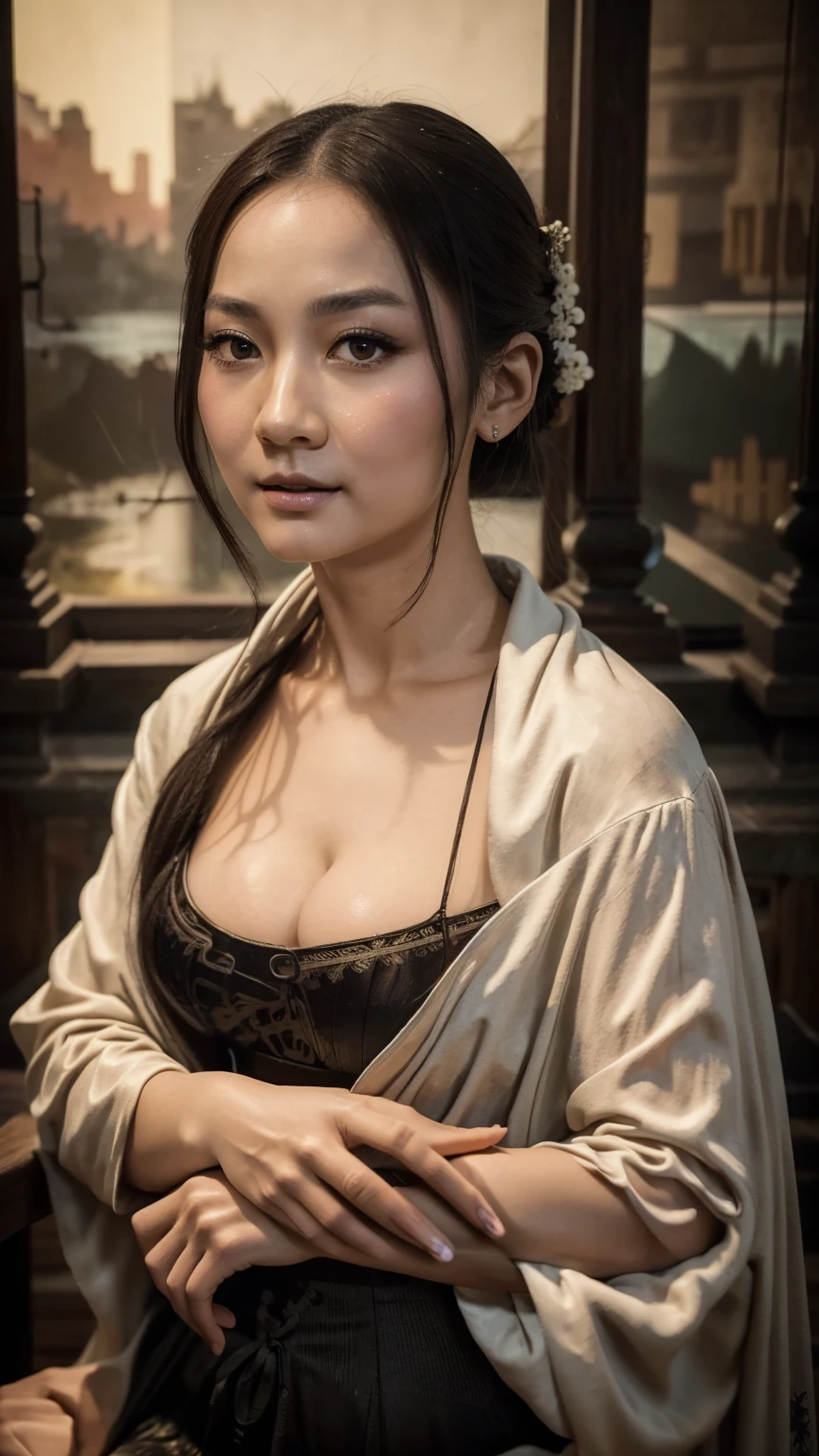 Li Xunhuan drinks in the inn, Dressed in white, cabelos preto e longos, mature smile, Shot glass in hand, Literati dressed up, Sit at the table, On the table was a wine jug, The background is inside the inn,  Chiaroscuro, Silhouette, filmgrain, classicism, High detail, Ray tracing, A high resolution, Best quality, retinas, Masterpiece, Textured skin, Anatomically correct