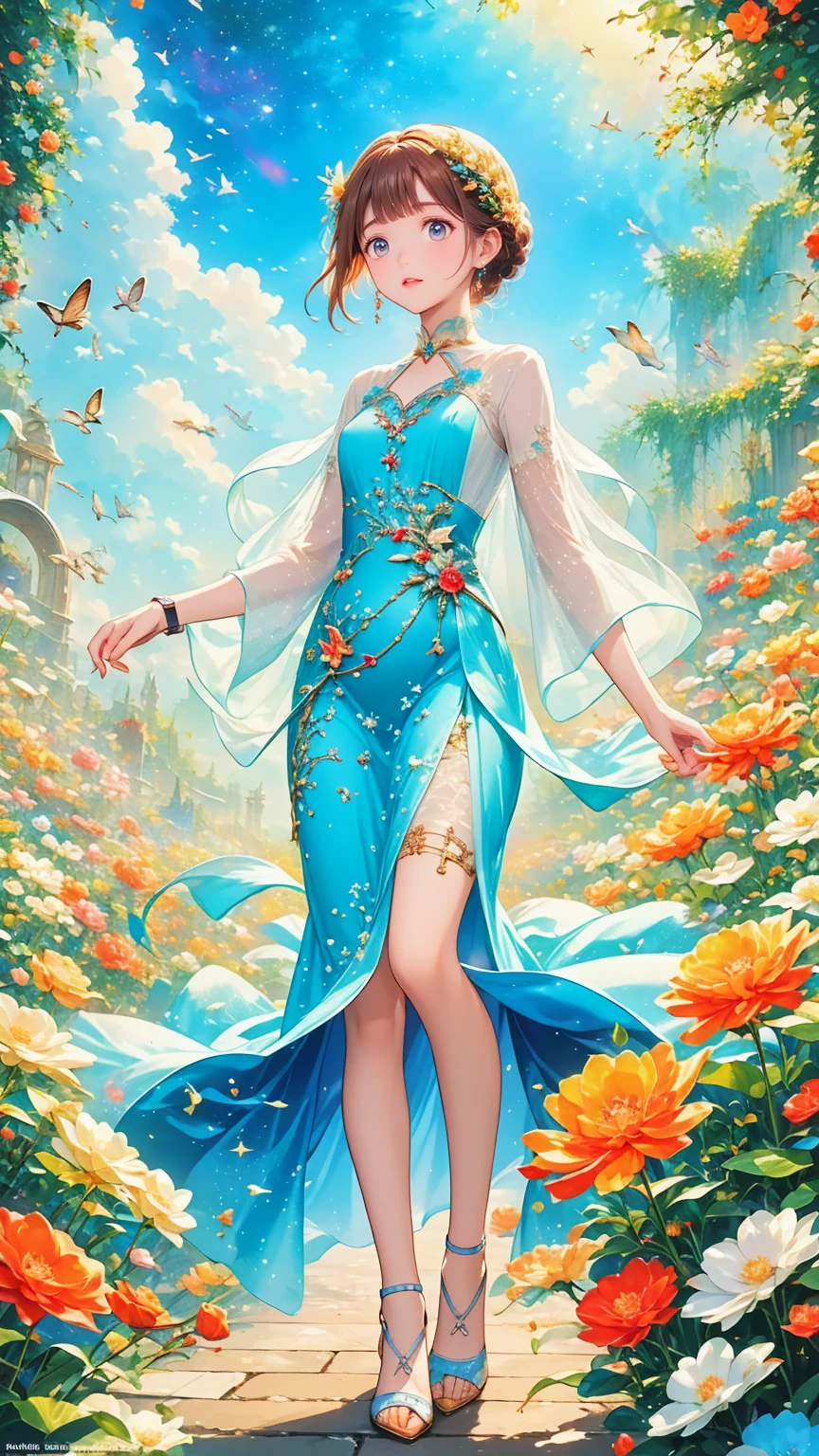 Retro movie style，Moonlight Landscape，The goddess in Hanfu is unique and her gorgeous clothes are sparkling，skirt swaying in the breeze，She looks elegant and dynamic. She has a playful look in her eyes.，It&#39;s like you are one with this peaceful nature. The ancient costume goddess wears a pair of fashionable high heels.，traditional media，Elegant temperament，But it adds a touch of mystery and sexiness. Her feet are on the bluestone slab.，It's like dancing on the ground，Grace takes every step in the moonlight，The scenery is more hazy and beautiful Her figure dances in the moonlight，Fairy-like beauty, her behavior is playful and cute，Makes you want to get closer，Discover her inner secrets at this moment，Everything around seems to have disappeared，Only this ancient goddess and this beautiful landscape painting are left. She is smiling.，Moving，Full of poetry，Intoxicating，Inextricable