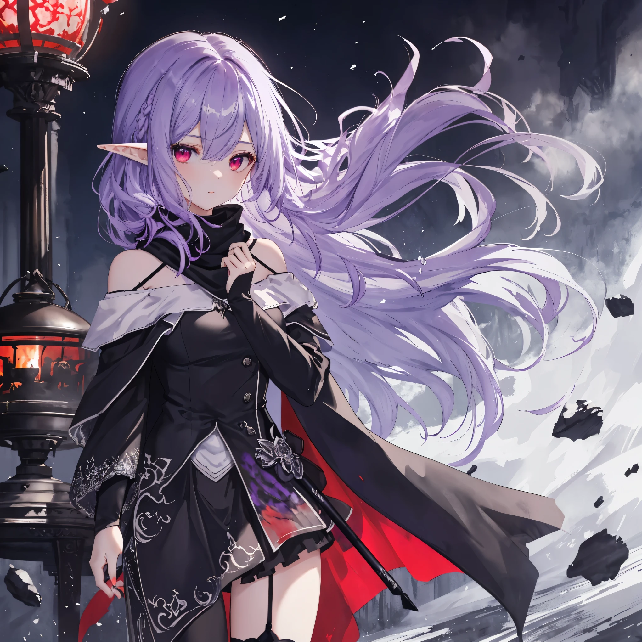         High Quality  , masterpiece,     delicate hair    ,       Delicate Eyes Full of Determination     ,     delicate hair    , ((masterpiece, 最        High Quality  )),         High Quality  , masterpiece,     delicate hair    ,      girl  ,(   purple hair)),((red eyes)), Daikon, long hair,Elf Ears,(     Black Longsword      ), ((  off-shoulder  )), (loose  long hair),((Black Cape)), (Red Stove       ),scarf,Moon in the Sky, knight ,   Floating purple flower autumn ,          Strong Shadow        ,Ash,,ice,((Ink wAsh painting)),((ink splAshing)),((color splAshing)),