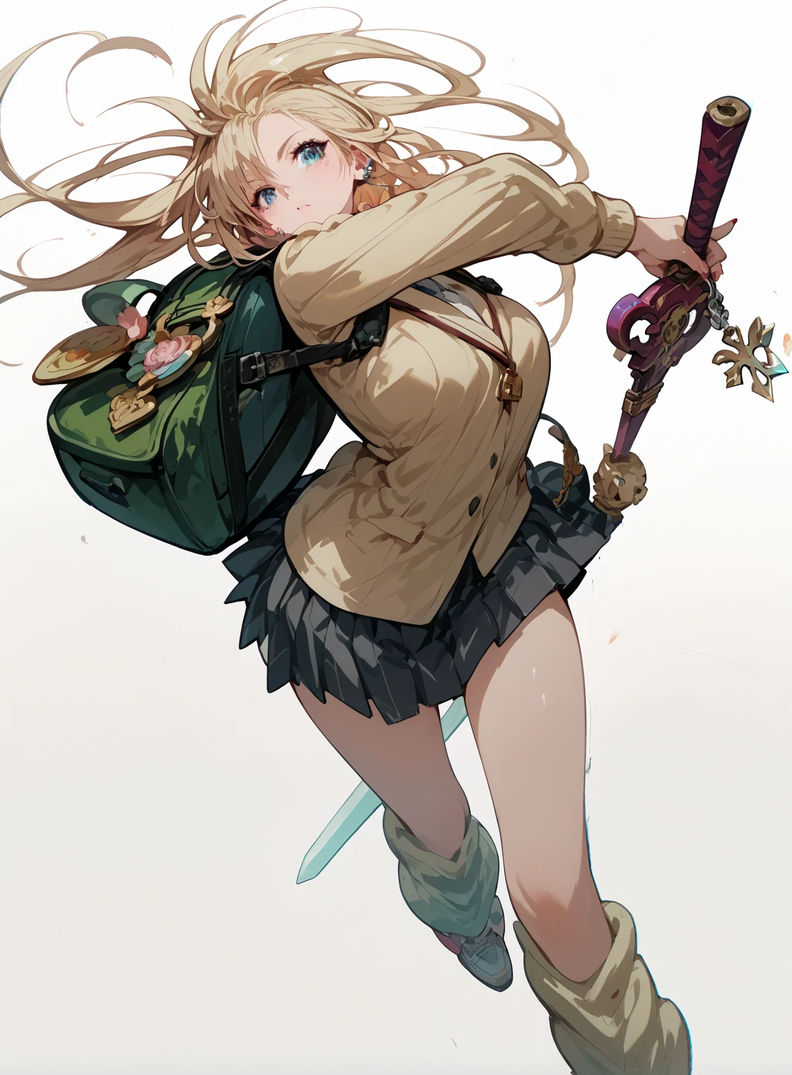  anime girl holding a sword and backpack,    female action anime girl ,  digital art , high school girl concept art, Art Style ,  detailed anime character art , Key Art Feminine 