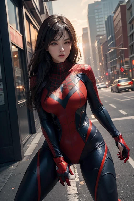 RAW, Masterpiece, Super Fine Photo,, Best Quality, Ultra High Resolution, Photorealistic, Sunlight, Full Body Portrait, Stunningly Beautiful, Dynamic Poses, Delicate Face, Vibrant Eyes, (Side View) , she is wearing a futuristic Iron Lady Spiderman costume, very detailed background, detailed face, detailed and complex busy background, messy, gorgeous, milky, high detailed skin, realistic skin details, visible pores, sharp focus, Volumetric fog, 8k uhd, dslr, high quality, film grain, fair skin, photorealism, lomography, sprawling metropolis in a futuristic dystopia, view from below, translucent
