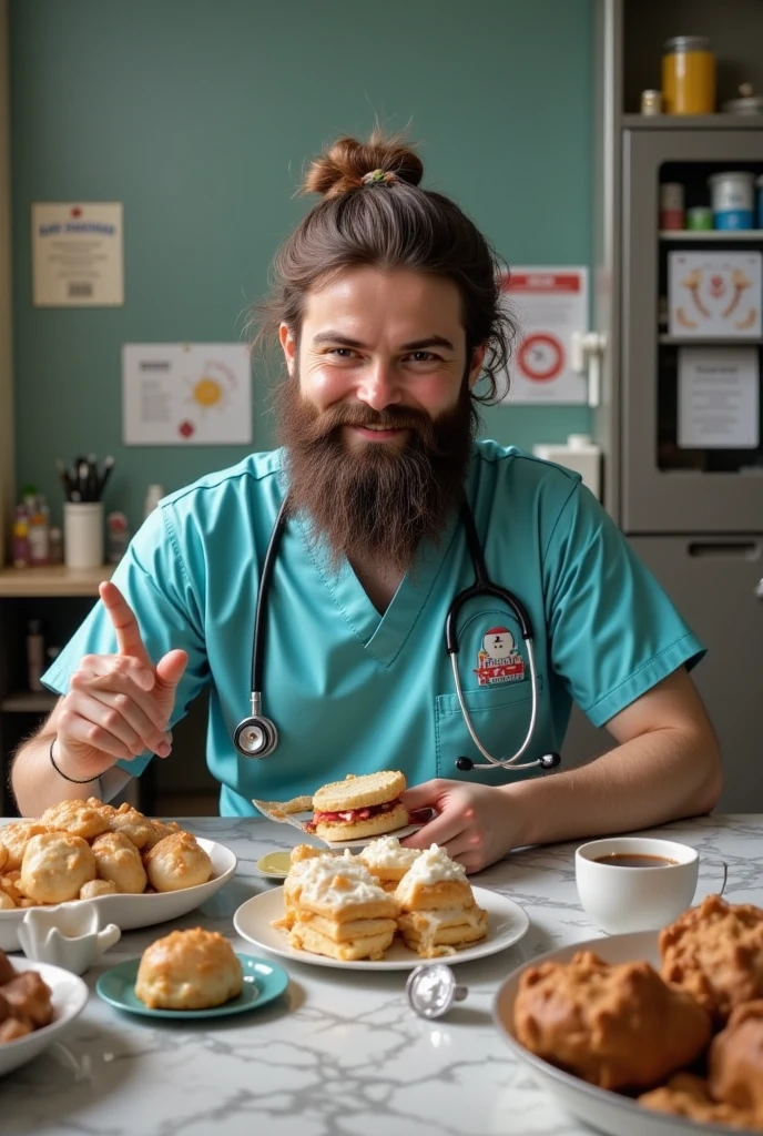 ((masterpiece))  ((Highest quality))  ((photography))  
A whimsical and humorous portrayal of a bearded nurse girl, her scrubs slightly snug around the belly, sitting at a hospital breakroom table piled high with food. She has a kind and cheerful expression, her bushy beard impeccably groomed and matching their pristine medical attire. She hold a sandwich in one hand while eyeing a plate of pastries with delight. The background includes a cluttered but cozy hospital setting, with a stethoscope slung casually around her neck and a half-empty coffee cup nearby. The scene radiates humor and charm, showcasing their love for both caregiving and indulging in good food.