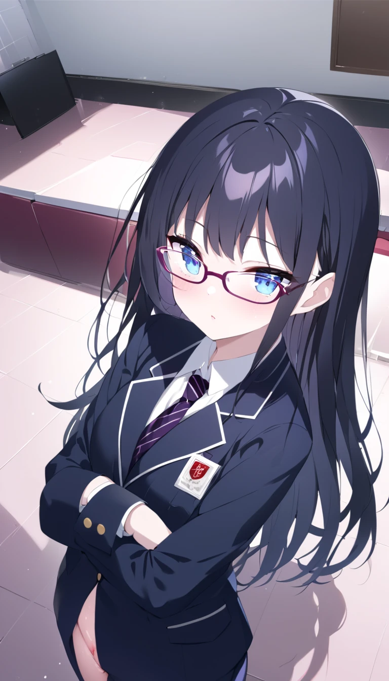 NSFW uncensored partial ban super high image quality, one girl, school blazer, uniform, chairman, purplish black hair, long hair, blue eyes, beautiful baby face, red, slender, small square glasses, shiny skin, pussy, shining skin