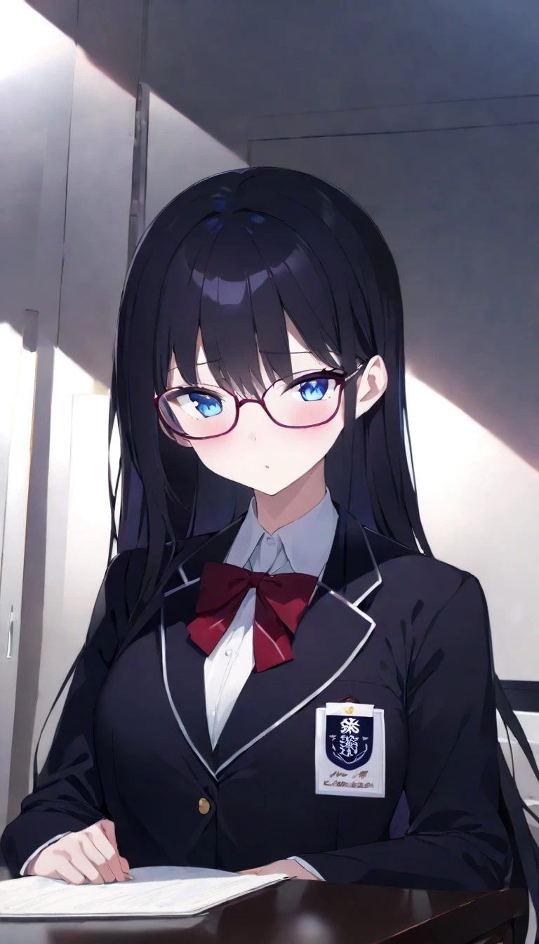 NSFW uncensored partial ban super high image quality, one girl, school blazer, uniform, chairman, purplish black hair, long hair, blue eyes, beautiful baby face, red, slender, small square glasses, shiny skin, pussy, shining skin