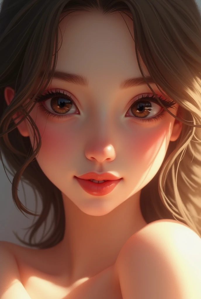 showcases a close-up portrait of a woman with delicate features. Her large, expressive eyes, adorned with long lashes and shimmering golden irises, draw the viewer in. The soft, natural lighting creates a warm glow on her skin, highlighting the gentle blush on her cheeks. Her full, glossy lips are parted slightly, hinting at a whisper or a secret. The focus on her face, with her dark hair cascading around her, creates an intimate and ethereal atmosphere. The subtle details, such as the faint reflections of light on her skin and the hint of a smile in her eyes, add to the overall sense of beauty and grace.