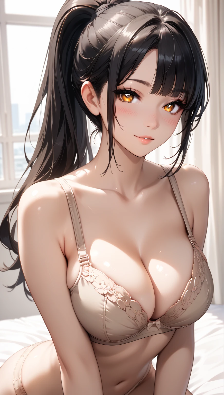 masterpiece, high resolution,  best quality,  super detailed,  ultra high resolution , blush, seductive,(1girl) ponytail, black hair, long hair, beautiful detailed eyes, brown eyes, black hair, (cute eyes), 30 years old, beautiful woman, beige microfiber bra, beige panties, push bra