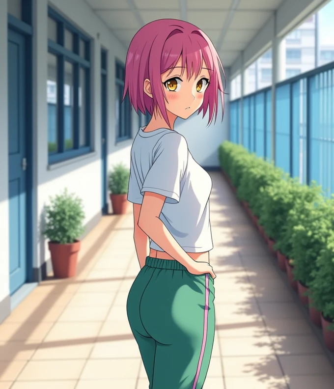 masterpiece, best quality, detailed face, detailed eyes, <lora:HUAsh:0.5>, HUAsh, 1boy, flat chest, pink hair, yellow eyes, short hair, ((bulge)), short shorts, surprised, from behind, cafe, outdoors, tank top, crop top, midriff, ass, thighhighs, shorts pull,