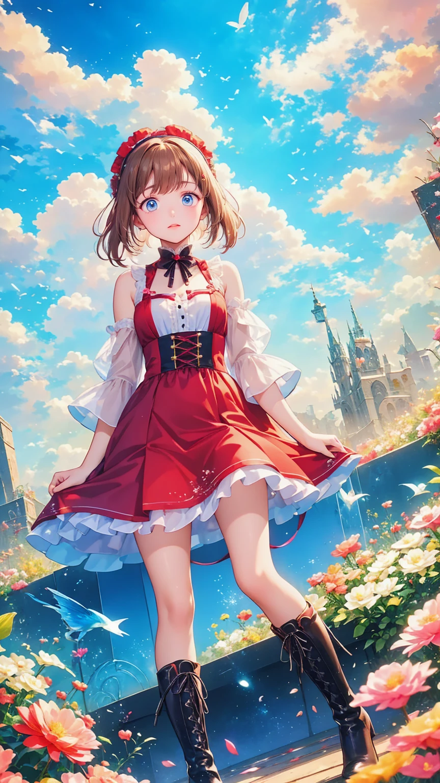    anime style、story、、   cute女の子 、とてもcute天使、   pink gothic dress   、cute、baby face、smile、   Long Skirt 、    black boots 、Very cute headband
