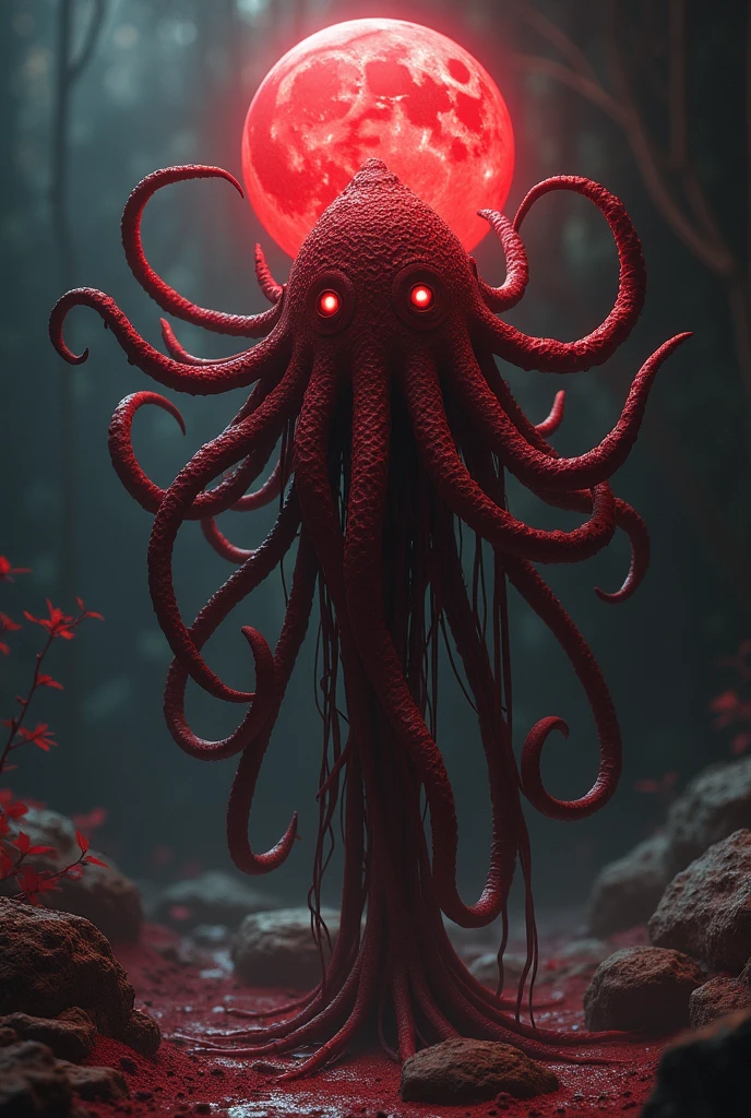 An octopus with its eight long, tangled arms wrapped around a crimson heart, the water around them shrouded in sober and extremely dark colors, as if reflecting the octopus's melancholic embrace.
