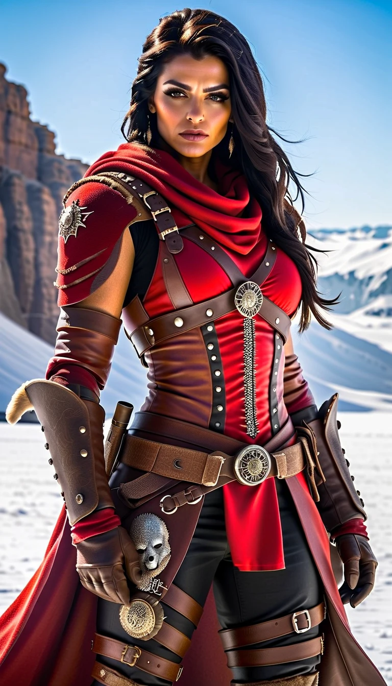 A photorealistic full-body portrait of a fierce post-apocalyptic warrior woman standing confidently in a snowy wasteland. She has strikingly sharp facial features, piercing eyes, and flowing dark hair that moves with the wind. Her outfit is a mix of rugged bear skin armor with metallic accents, a fitted leather corset, and reinforced shoulder pads, showcasing both practicality and style. She wears red dark gloves, belts adorned with metallic details, and thigh holsters that secure her weapons, she is pants is white bear skin, injured by bear include Ripped clothe. slime body shapely. Using a moss rod made of bear skin. bear skin clothe.