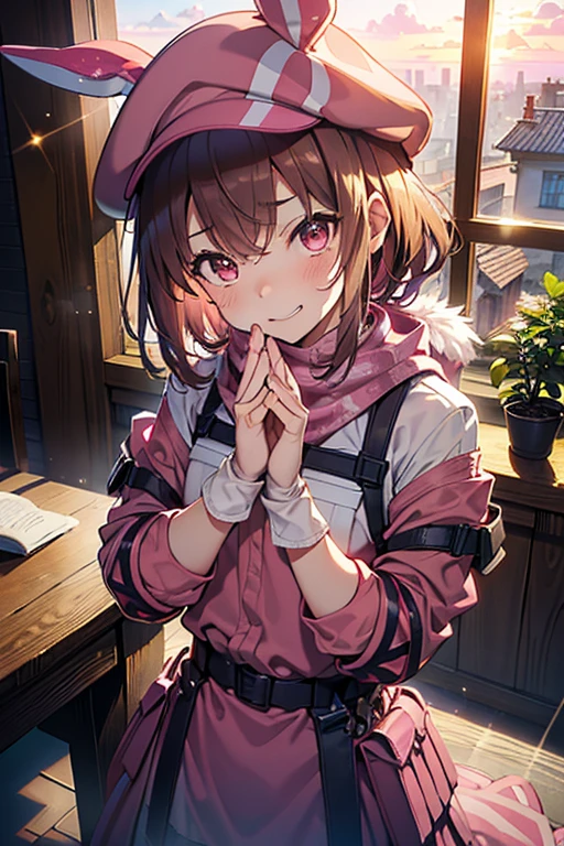 (upper body:1.2),(from above:1.2),((close up head)),　(put both hands on the table),  looking up, standing, clenched teeth,
trouble smile face, embarrassed, blush, drunken eyes,
Llenn,anime style,(( best quality)), ((masterpiece)),( Details), high definition ,Sharp focus, perfect face, beautiful eyes,{best illustration},(非常に Details CG unity 8k wallpaper),
((( vibrant colors))),(((shiny 肌,very shiny 肌, shiny body on the sheet,(plastic glitter 肌),exaggerated shiny 肌,illuminated skin))),
( perfect finger),(Five fingers),(complete anatomy),1teen girl, slim, small, (flat chest), Short Hair, light brown hair,
(pink battle jacket),(pink long pants, pink bottoms), knee pads, Camouflage, fur trim, gloves, straps, Pink animal hat, 
bewitching pose, (sweat skin), 
 European Houses,masonry building,Wooden table,Red framed window,curtain,Blue sky and clouds,(medieval interior:1.2), (Backlight, at night:1.3),
