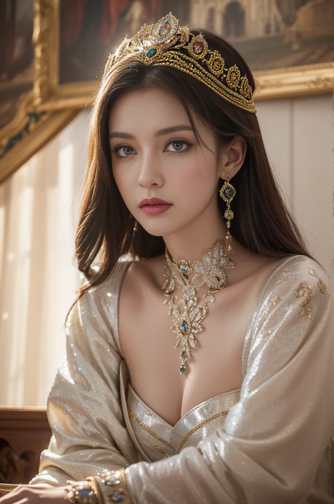 1 Russian Tsarina, Kokoshnik, Ancient Russia, shiny fabrics, Russian embroidery, Masterpiece, portraite of a, a closeup of a, gems, In the background the Russian tower, radiance, shiny pollen, Elegantly, filigree, Cinematic, 4k