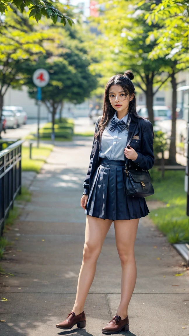 a beautiful 18 year old Japanese high school girl with perfect anatomy, healthy thighs, beautiful legs, beautiful skin, random hair color and style, large breasts, (wearing a Japanese schoolgirl uniform:1.3), holding a student bag, full body shot, standing on a city street, (best quality,4k,8k,highres,masterpiece:1.3),(extremely detailed:1.2),photorealistic,ultra-detailed,vivid colors, studio lighting, professional