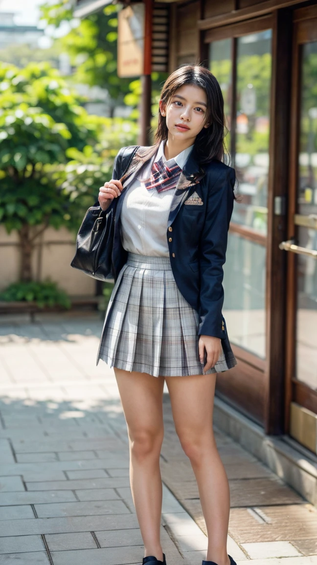 a beautiful 18 year old Japanese high school girl with perfect anatomy, healthy thighs, beautiful legs, beautiful skin, random hair color and style, large breasts, (wearing a Japanese schoolgirl uniform:1.3), holding a student bag, full body shot, standing on a city street, (best quality,4k,8k,highres,masterpiece:1.3),(extremely detailed:1.2),photorealistic,ultra-detailed,vivid colors, studio lighting, professional