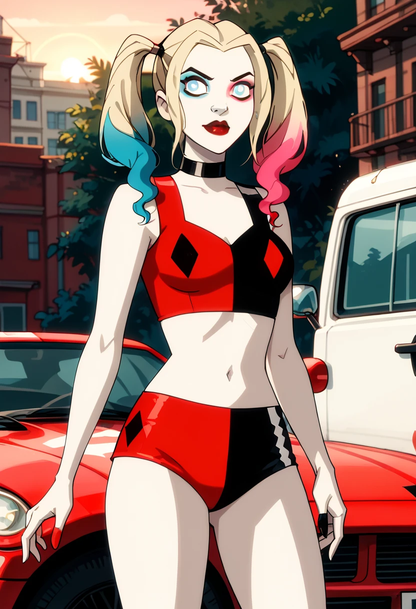 score_9, score_8_up, score_7_up, score_6_up, rating_questionable, 1girl, solo (Harley Quinn, twintails, multicolored hair, blonde hair, blue eyes, black choker, makeup, lipstick, red lips, race queen:1.4), wearing (shorts, crop top:1.3), high heel boots, midriff, navel, car, motor vehicle, confident, seductive, elegant, glamorous, sexy pose, model pose, sexy pout, (sunset:1.1), shallow depth of field, highly detailed, bokeh, moody, gorgeous, film grain, grainy (Hand, detailed, perfect, perfection, hands:1.2), perfect hands, perfect proportions, highly detailed face, highly detailed eyes, (detailed background), low angle.
