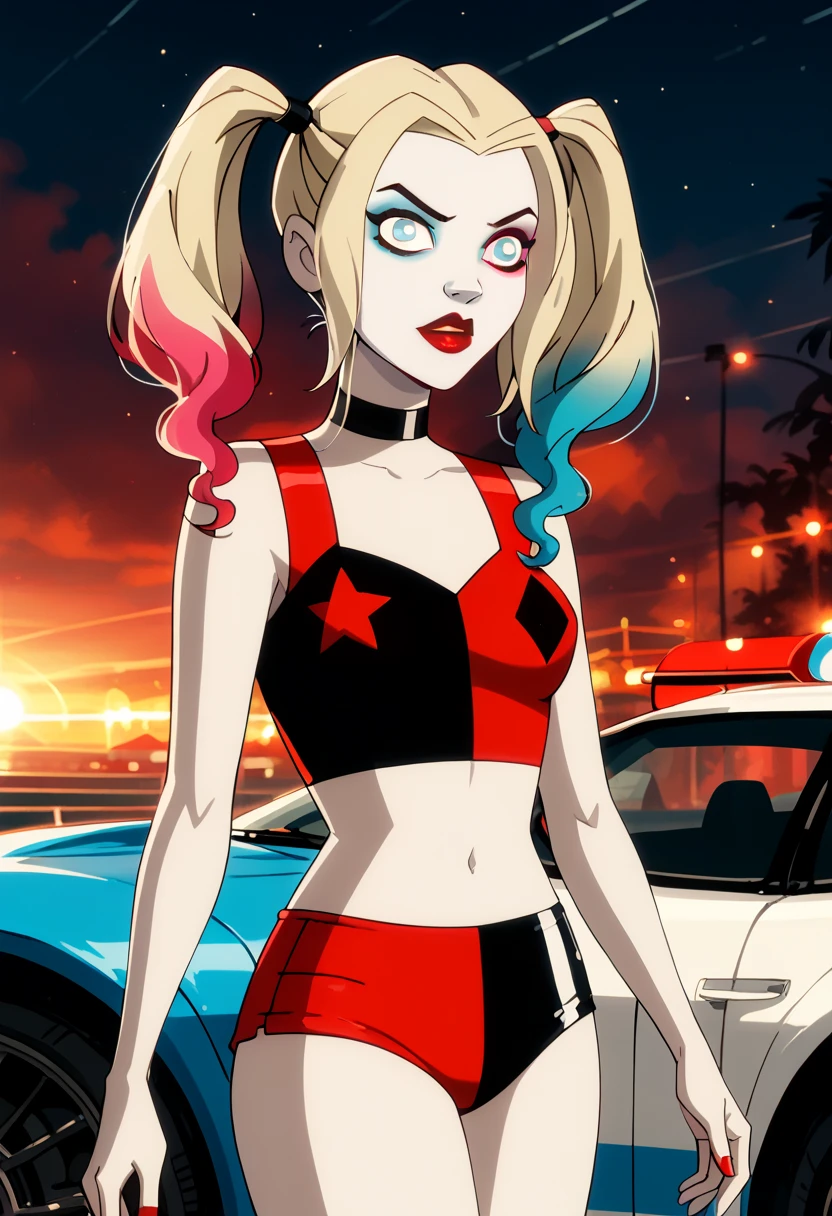 score_9, score_8_up, score_7_up, score_6_up, rating_questionable, 1girl, solo (Harley Quinn, twintails, multicolored hair, blonde hair, blue eyes, black choker, makeup, lipstick, red lips, race queen:1.4), wearing (shorts, crop top:1.3), high heel boots, midriff, navel, car, motor vehicle, confident, seductive, elegant, glamorous, sexy pose, model pose, sexy pout, (sunset:1.1), shallow depth of field, highly detailed, bokeh, moody, gorgeous, film grain, grainy (Hand, detailed, perfect, perfection, hands:1.2), perfect hands, perfect proportions, highly detailed face, highly detailed eyes, (detailed background), low angle.
