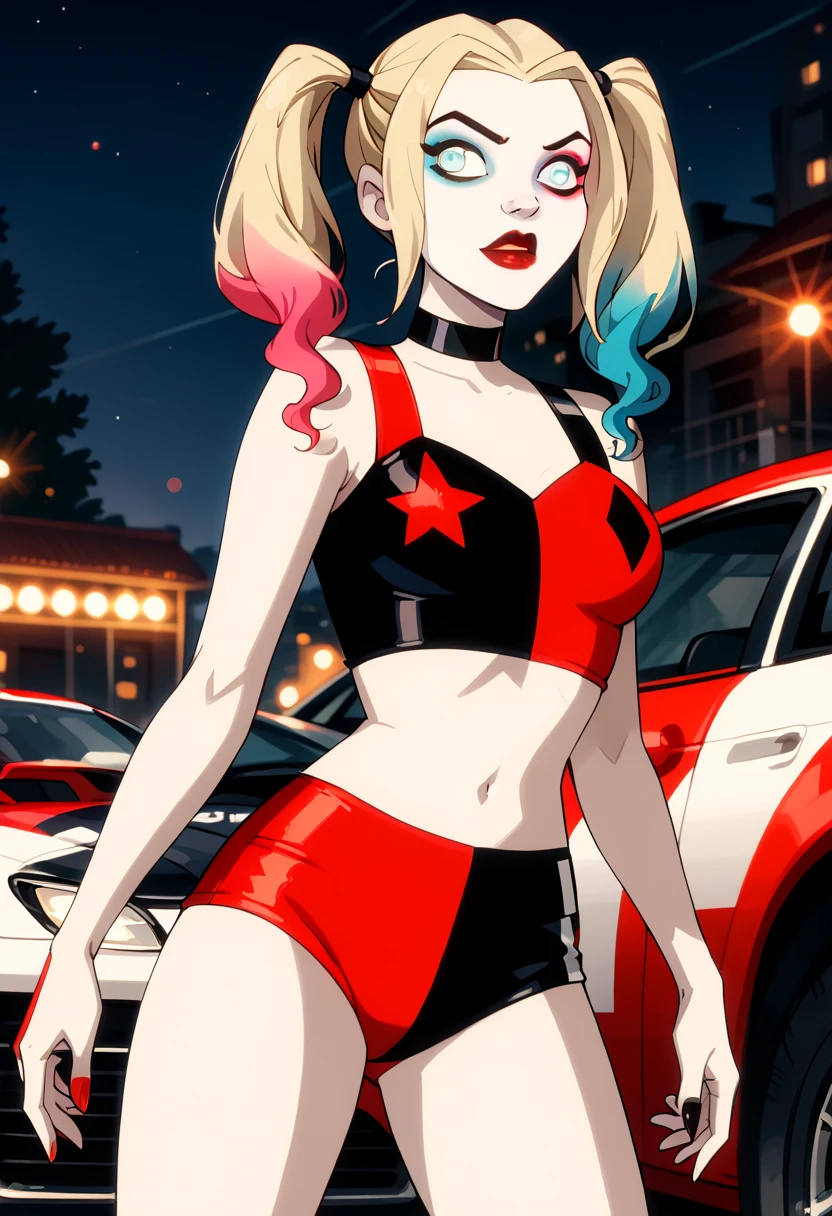 score_9, score_8_up, score_7_up, score_6_up, rating_questionable, 1girl, solo (Harley Quinn, twintails, multicolored hair, blonde hair, blue eyes, black choker, makeup, lipstick, red lips, race queen:1.4), wearing (shorts, crop top:1.3), high heel boots, midriff, navel, car, motor vehicle, confident, seductive, elegant, glamorous, sexy pose, model pose, sexy pout, (sunset:1.1), shallow depth of field, highly detailed, bokeh, moody, gorgeous, film grain, grainy (Hand, detailed, perfect, perfection, hands:1.2), perfect hands, perfect proportions, highly detailed face, highly detailed eyes, (detailed background), low angle.
