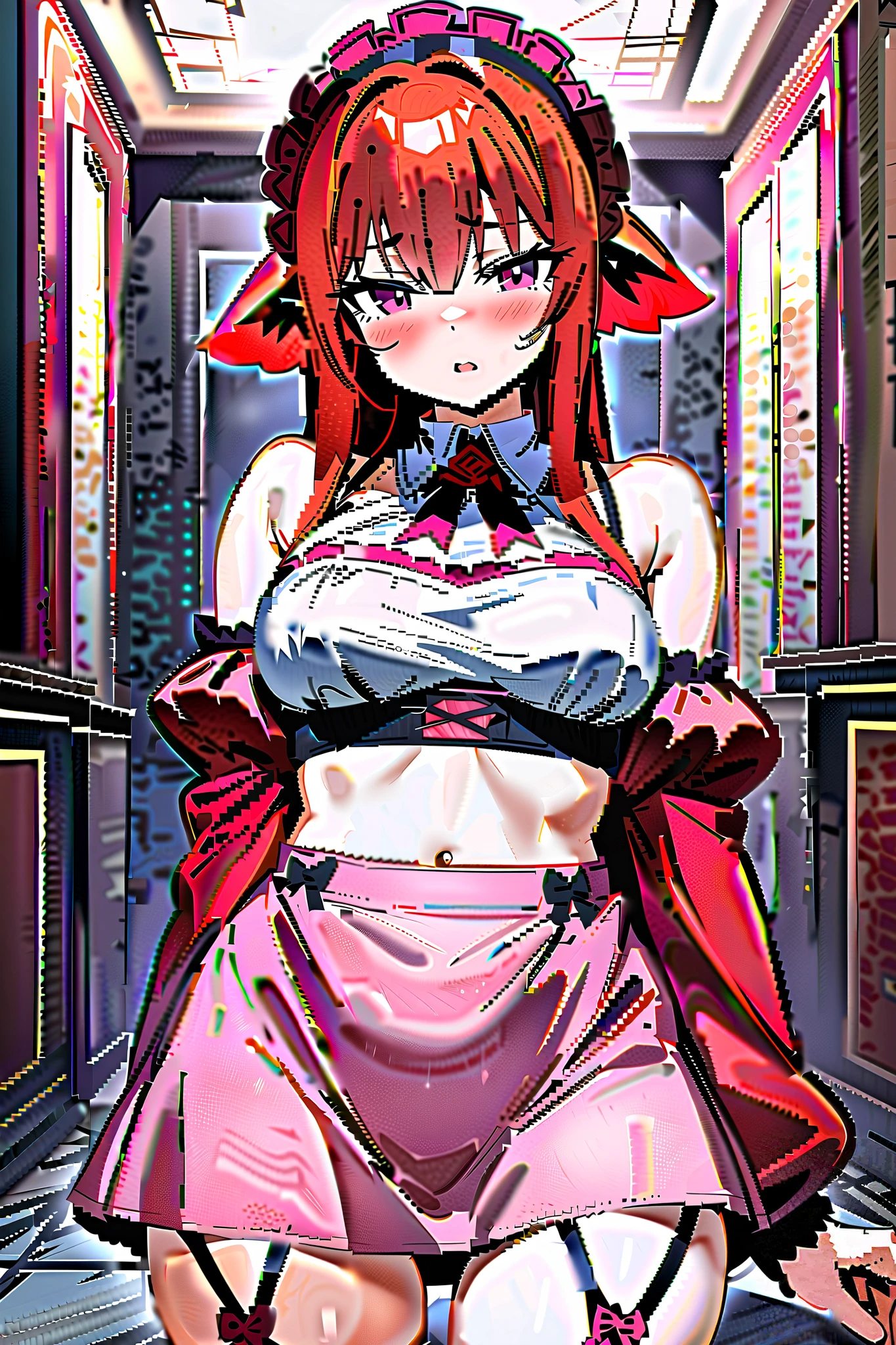 Meilin Hawk、Twin-tailed red hair、Beautiful eyes、very large udder、huge tit、爆乳、(Lots of men、Male molesters)、(((( Lots of men behind Meiling Hawk、Lots of male hands grabbing Meiling Hawk's chest、Lots of men's hands undressing Meiling Hawk、A man grabs Meiling Hawk's chest from behind、Touching the chest、Another man undresses Meiling Hawk、Lace bra with light pink ruffles that dew、Light pink bra shoulder straps、Another man slides Meiling Hawk's bra upwards、Breasts exposed from the bra、Dewy nipples、Another man lifts Meiling Hawk's skirt、Light pink lace panties that dew from the skirt、 ))))、Beautiful light pink nipples、Beautiful light pink areola、beauty legs、natta、Control room、blushed face、Moist eyes、Mouth distorted in shame、