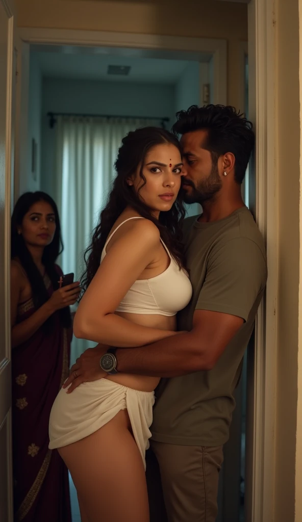 (Full body portrait:1.2),(((Sharpen))), hotel room, RAW, 8k, hard light, realistic skin texture, (((photorealism)),  there is a woman getting fucked by a young boy , very huge breasts , she is fifty years old, looking like indian aunty,