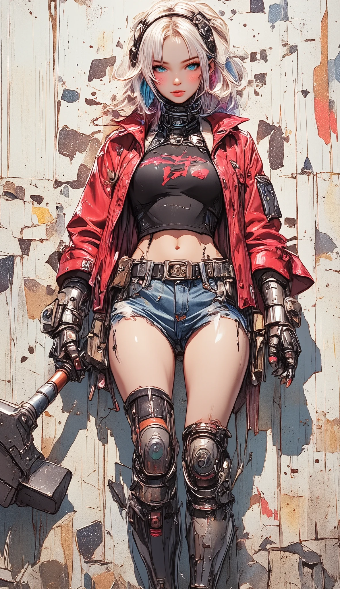 artistic painting for a ,  logo of a woman with a hammer breaking a wall pieces of wall jump off by the blow , She's wearing a red jacket ,  ripped denim shorts with brown leather belt and buckle ,  resting on a peeling and unpainted wall ,  bleached blonde hair with blue and pink , black top with letters in red ,  mechanical gloves cyberpunk art by Lambert Doomer  ,  trend in artstation , street art, grunge ciberpunk, cyberpunk art style,  cyberpunk angry gorgeous goddess , cyberpunk girl, Cyberpunk 20 years. o model girl,  cyberpunk style ，  hyperrealistic, Cyberpunk themed art,  James Gurney painting style  , Cyberpunk streetwear