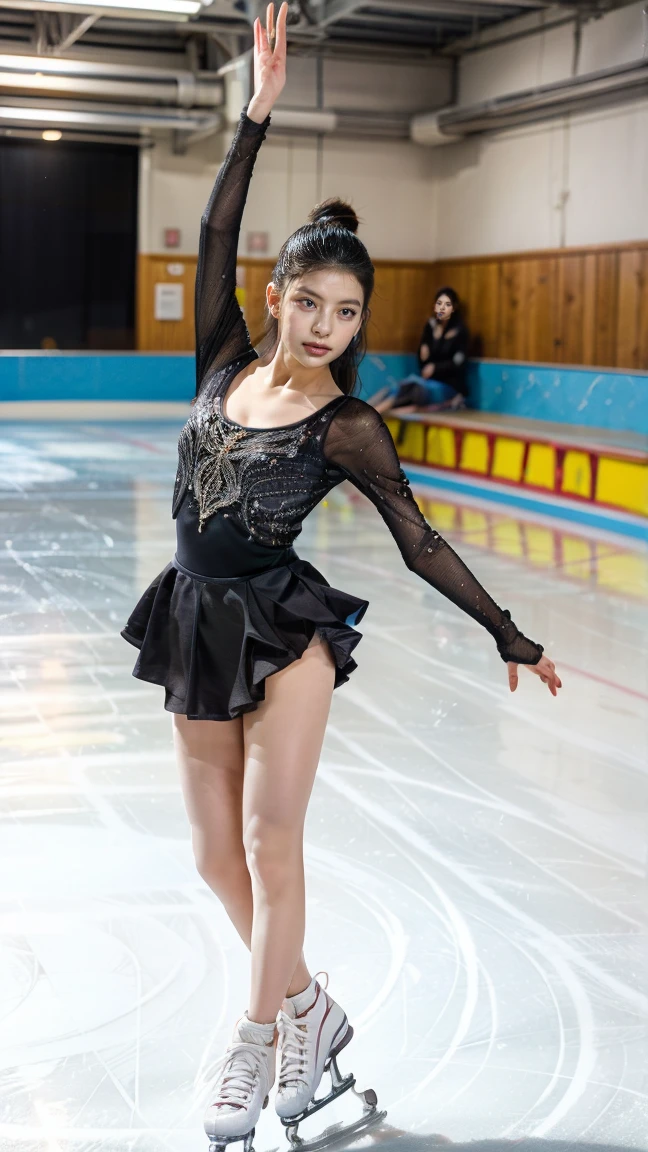 (8k, best quality:1.3, extremely detailed:1.2, perfect anatomy, beautiful japanese woman, 18 years old, healthy thighs, beautiful legs, beautiful skin, random hair color, random hairstyle, large breasts, female figure skater, figure skating outfit:1.3, miniskirt:1.3, full body shot, skate shoes, skating rink)