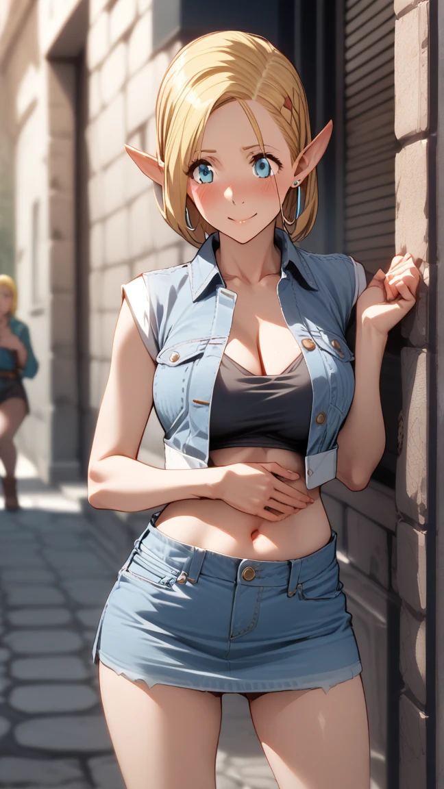 Marcille,elf ears,large breasts,  best quality ,  high definition , AND18,  one girl who is at ease, Alone,  blonde alone,  blue eyes,  short hair,  cute smile with blush， earrings for a woman alone,  jewelry, Denim dress,  open vests,  black sports bra,  jeans miniskirt ,   Blue Miniskirt,  cowboy shooting alone,  pose with your butt sticking out and turning around，street, (Externally Expanded Chest: 1.2)，