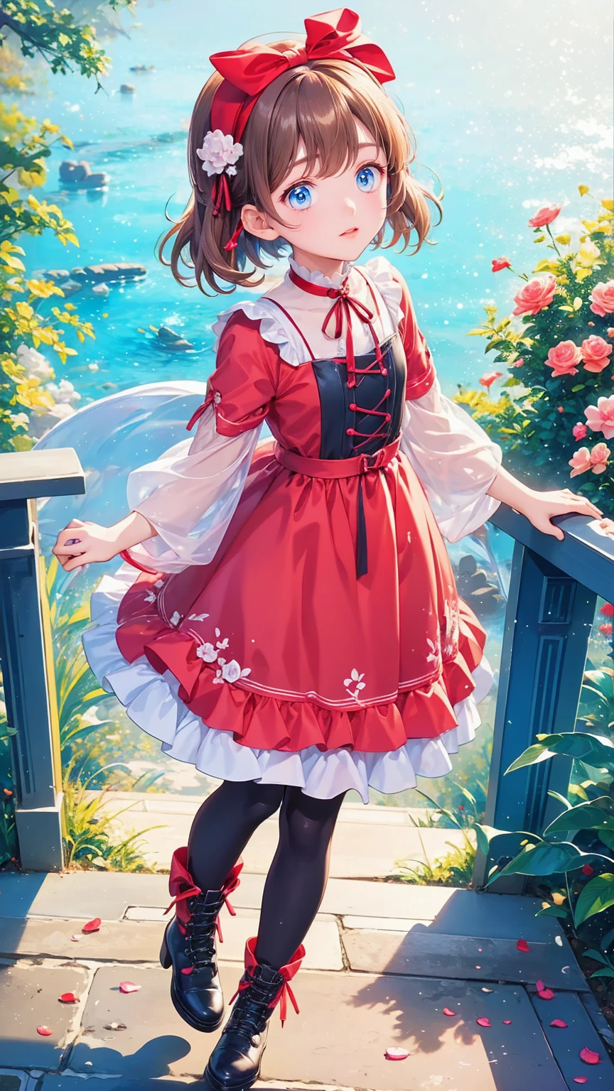    anime style、story、、   cute女の子 、とてもcute天使、   pink gothic dress   、cute、baby face、smile、   Long Skirt 、    black boots 、Very cute headband
