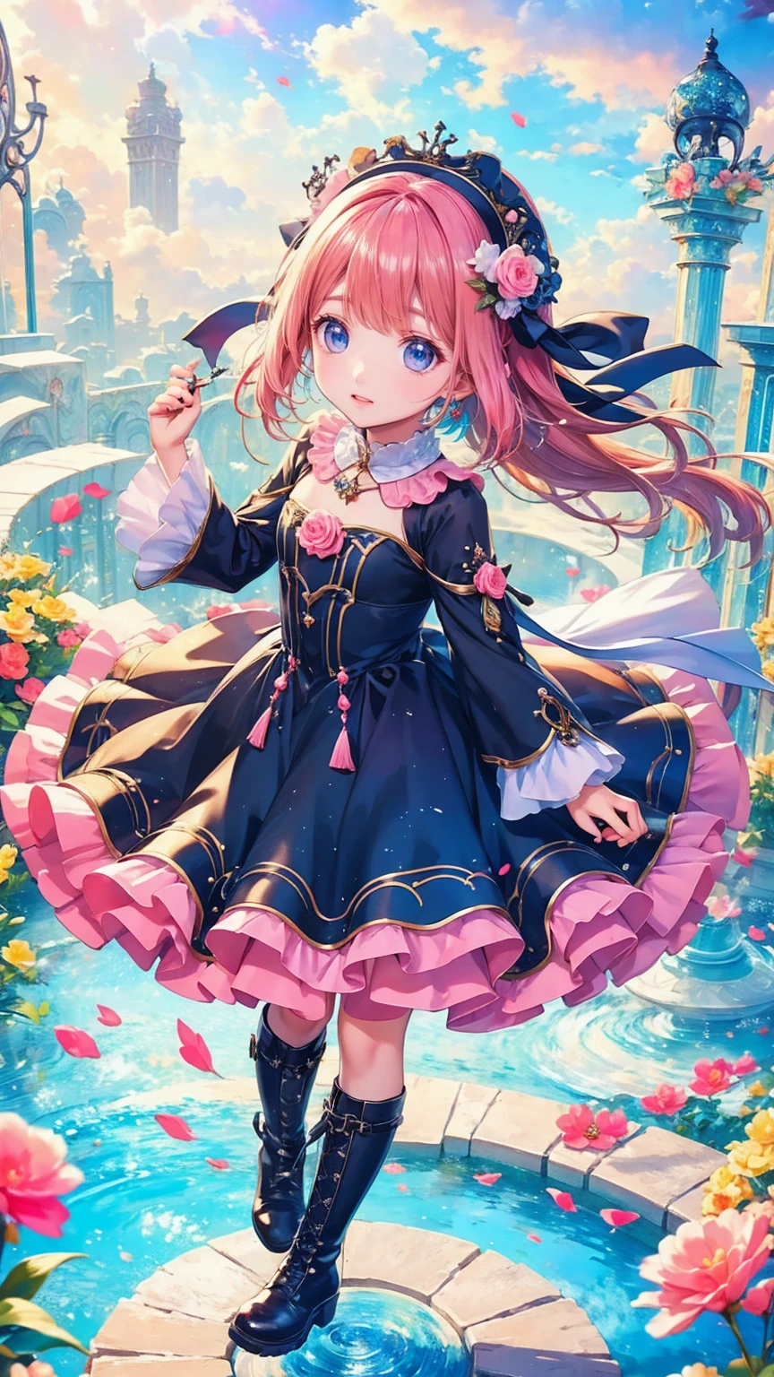    anime style、story、、   cute女の子 、とてもcute天使、   pink gothic dress   、cute、baby face、smile、   Long Skirt 、    black boots 、Very cute headband
