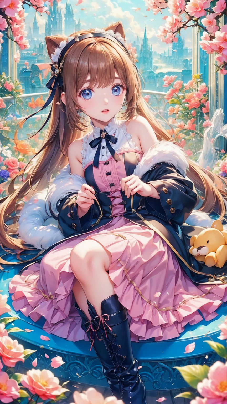    anime style、story、、   cute女の子 、とてもcute天使、   pink gothic dress   、cute、baby face、smile、   Long Skirt 、    black boots 、Very cute headband
