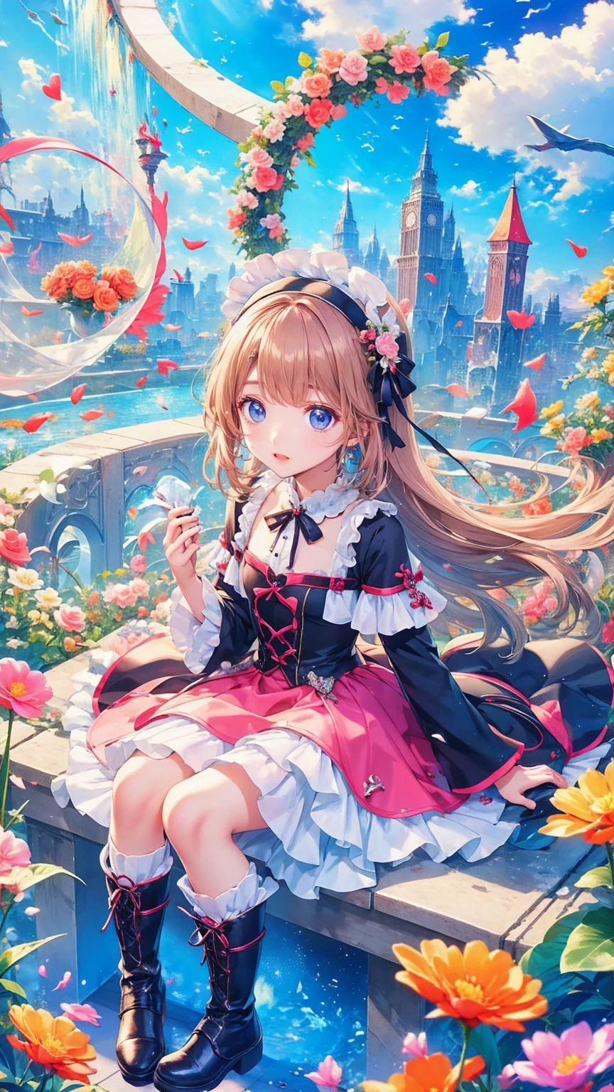    anime style、story、、   cute女の子 、とてもcute天使、   pink gothic dress   、cute、baby face、smile、   Long Skirt 、    black boots 、Very cute headband
