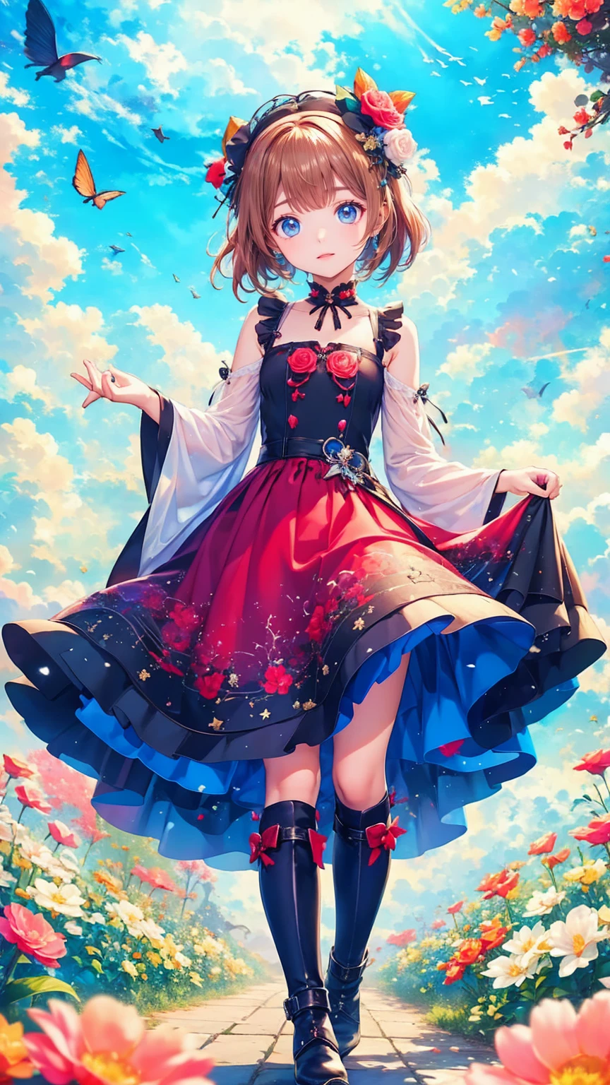    anime style、story、、   cute女の子 、とてもcute天使、   pink gothic dress   、cute、baby face、smile、   Long Skirt 、    black boots 、Very cute headband
