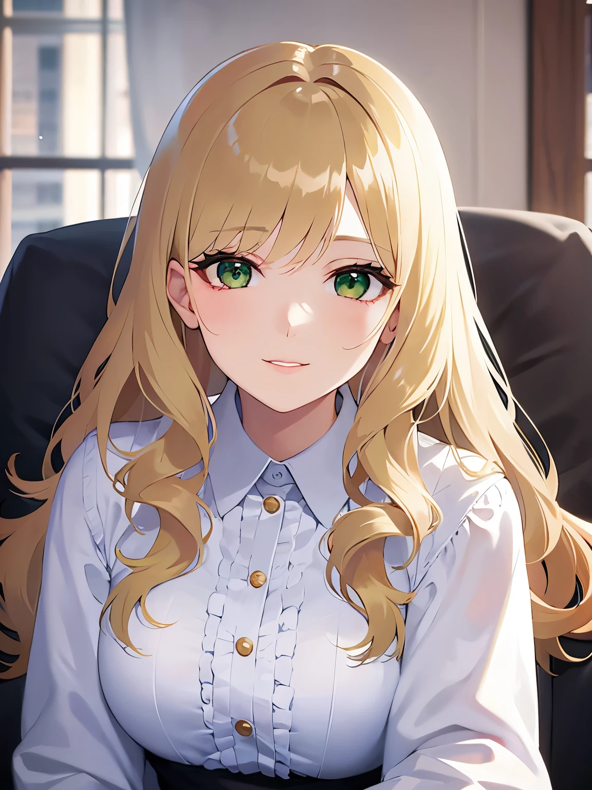 Anime girl with long blonde hair sitting in a chair - SeaArt AI