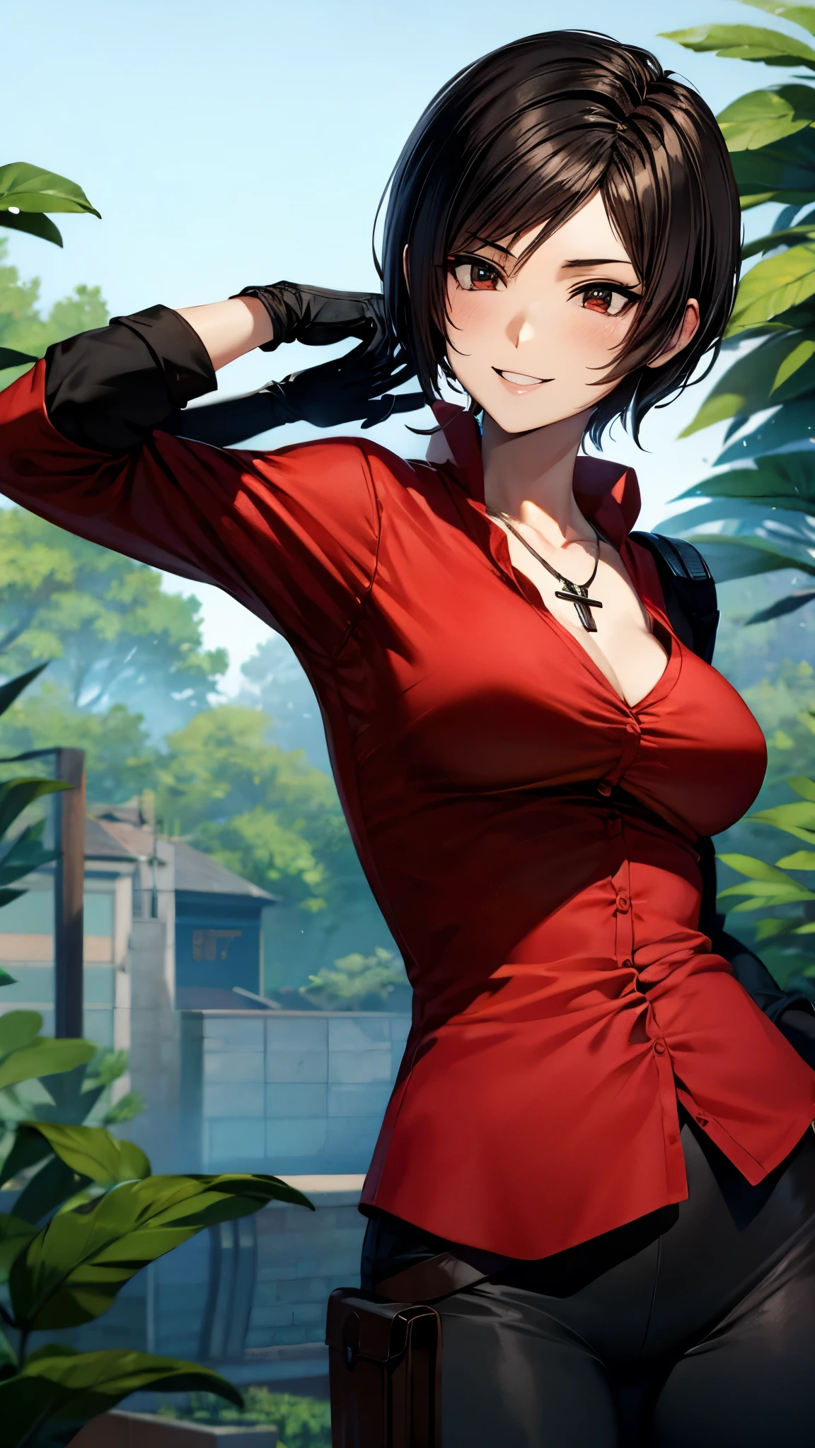 （ super quality, ultra high resolution with forest background,16k,super masterpiece,Ultra HD ,Detailed shading and background,）Resident Evil 6,Photographing the upper body,Short, straight, black hair ,（A red shirt suit that has been unbuttoned, spread wide, and stood straight,Folded sleeves, black long gloves,Tight black pants, black long boots ,） cross necklace, provocative smile ,Thick lips,Rooftop at night,