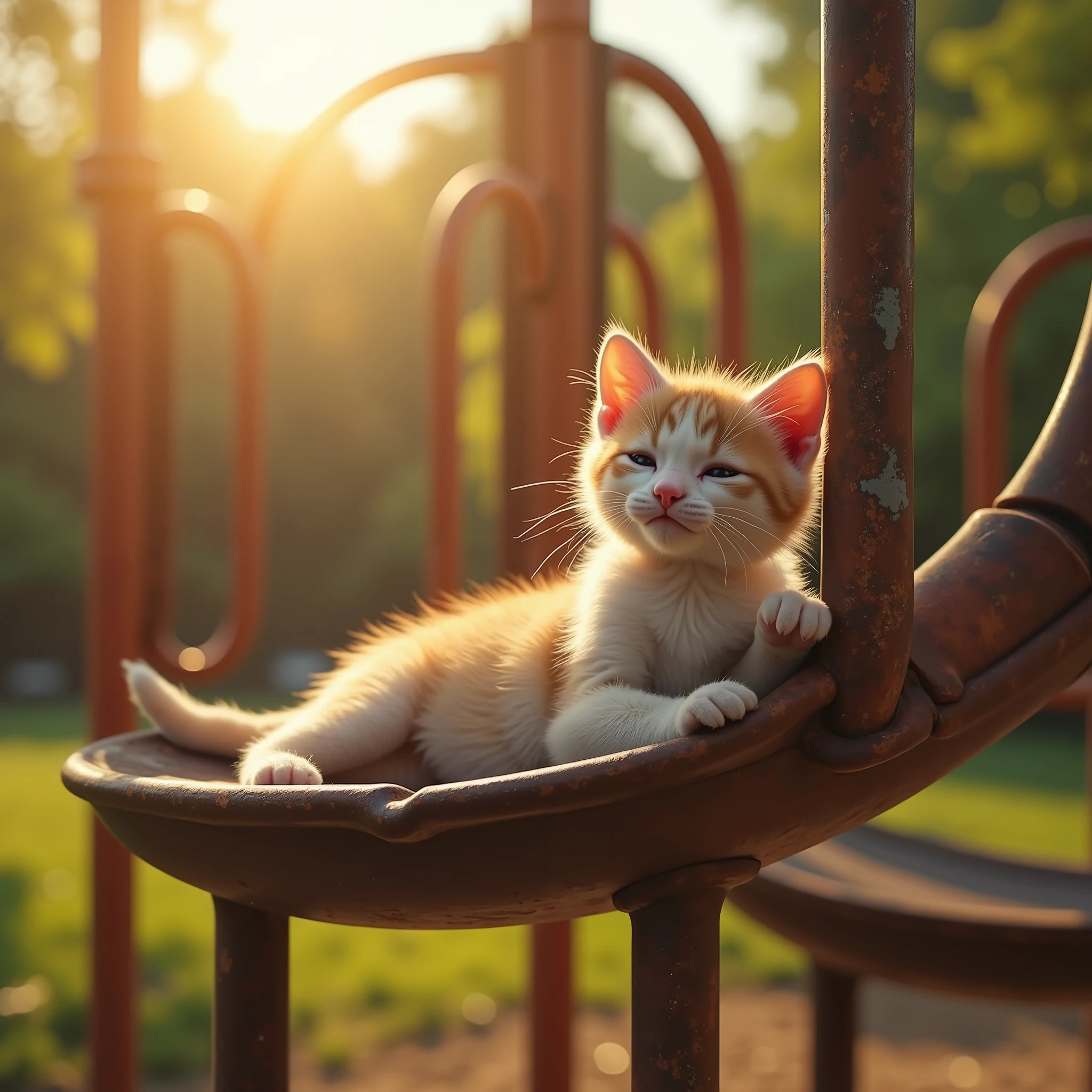 1 kitten basking in the sun on rusty playground equipment in a park with no people、warm sunshine 。