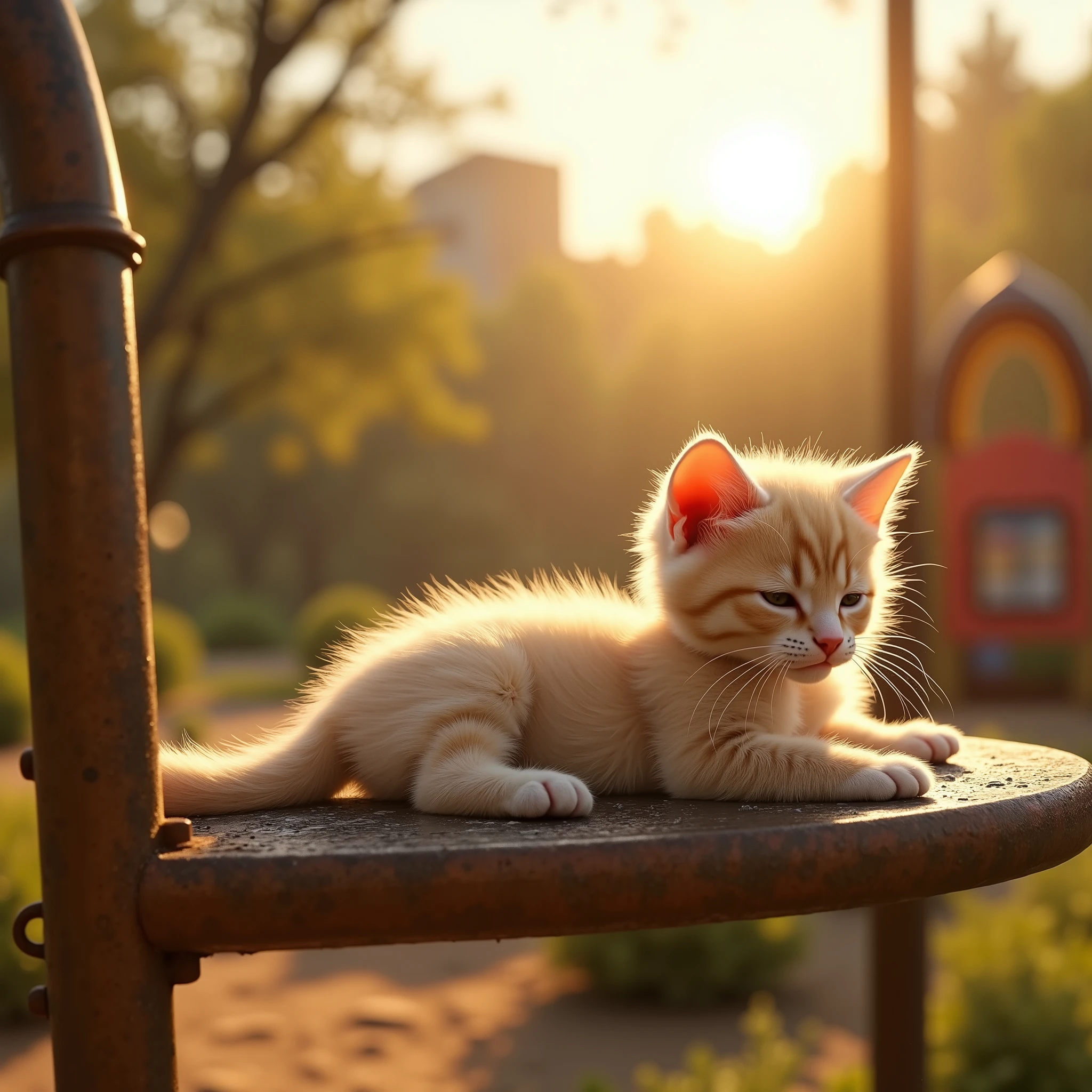 1 kitten basking in the sun on rusty playground equipment in a park with no people、warm sunshine 。