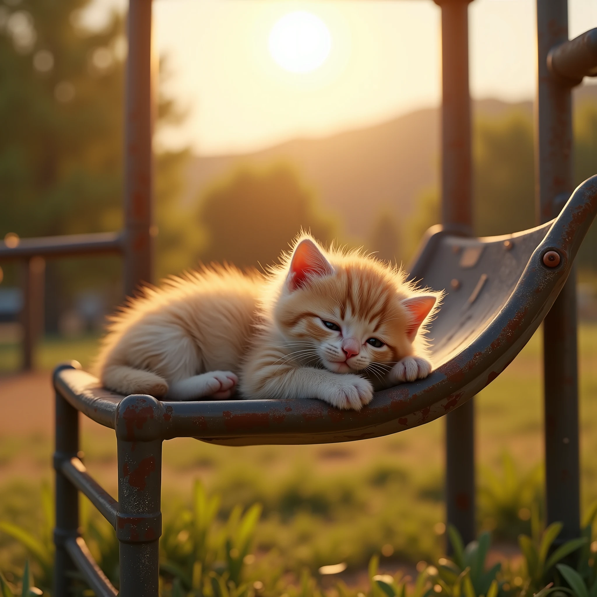 1 kitten basking in the sun on rusty playground equipment in a park with no people、warm sunshine 。