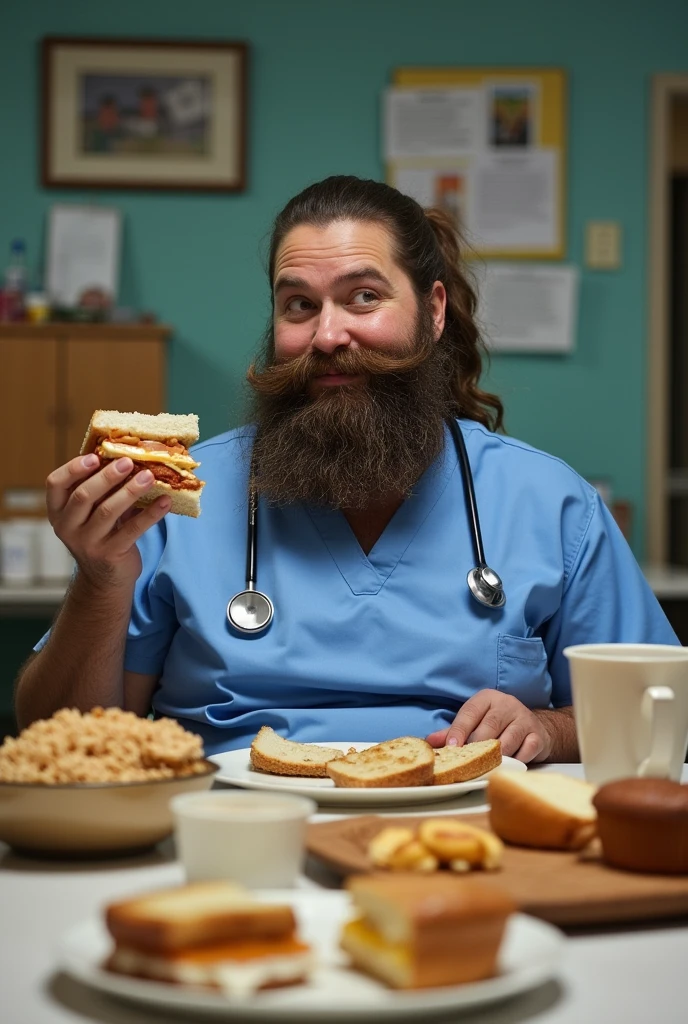 ((masterpiece))  ((Highest quality))  ((photography))  
A whimsical and humorous portrayal of a bearded nurse curvy fat girl, her scrubs slightly snug around the belly, sitting at a hospital breakroom table piled high with food. She has a kind and cheerful expression, her bushy beard impeccably groomed and matching their pristine deep neckline medical attire. She has laege breasrs. She hold a sandwich in one hand while eyeing a plate of pastries with delight. The background includes a cluttered but cozy hospital setting, with a stethoscope slung casually around her neck and a half-empty coffee cup nearby. The scene radiates humor and charm, showcasing their love for both caregiving and indulging in good food.