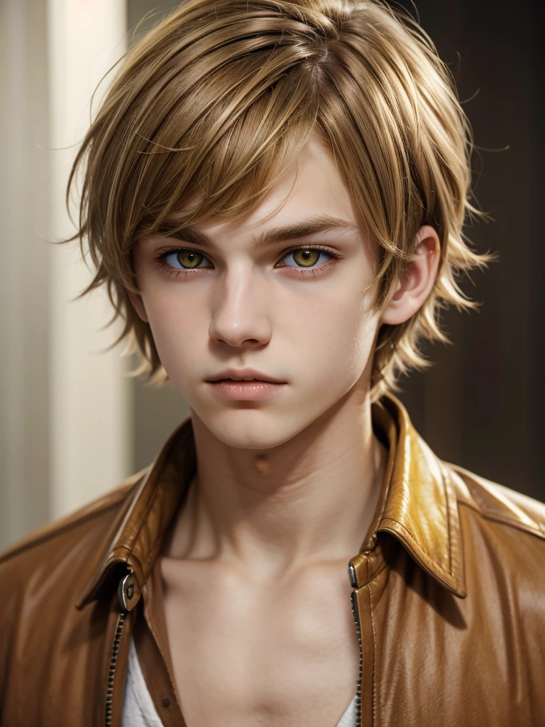 (best quality), 1boy, Male, young, pale skin, (brown hair), blonde highlights, short hair, swept fringe, messy hair, (yellow eyes), perfect eyes, vampire, boyish, stylish clothes, masterpiece, anatomically correct, highres
