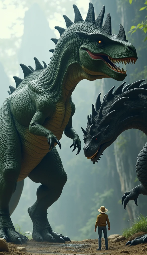 Tyrannosaurus rex dinosaur with shark head and bat wings, background forest, showing teeth baring, dreadful