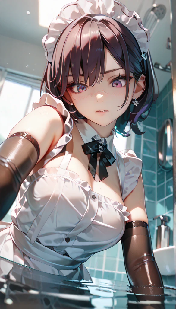   anime ladies , Maid uniform,   drown in the bottom of thigh-length boots in the bathroom,  elbow gloves, Alone, Spanning the face, Arms between legs, Submerge your butt in water ,  from below,  Look Down, POV shot 